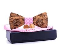 Papillon in legno con fazzoletto e bottoni da polso - Marrone / Rosa