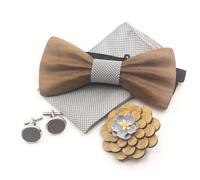 Papillon Legno Uomo Fazzoletto Gemelli Corpetto Set Papillon da Matrimonio Business Festa Lavoro Laurea argentato