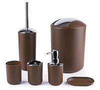 Papillon - Set di 6 accessori per il bagno, portaspazzolini con bicchiere, dispenser di sapone e piattino, scopino per WC e cestino (color caffè)
