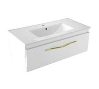 paplinskimoebel Merida - Mobile sottolavabo da appendere, 80 cm di larghezza, in ceramica, con impiallacciatura in PVC impermeabile, manico in metallo dorato, colore: Bianco lucido