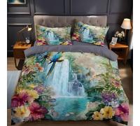 Pappagallo E Farfalla Copripiumino Singolo 135x200 cm cascata naturale del paesaggio Stampa 3D Microfibra Morbida con 2 Federe 50x80 cm - Set Biancheria da Letto per Bambini