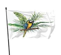Pappagallo e foglia tropicale Bandiera da giardino 3x5 FT Animale esotico Banana Palma Ramo verde Foresta Poliestere Cortile Bandiere Casa Patio Prato Banner di auguri per esterni