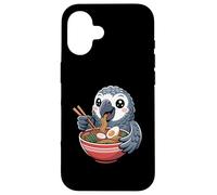 Pappagallo grigio africano kawaii che mangia il proprietario di uccelli ramen divertente Custodia per iPhone 16