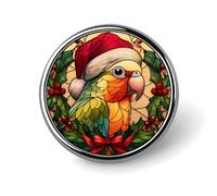 Pappagallo in vetro colorato che indossa cappello di Babbo Natale rosso spilla rotonda per uomo donna moda distintivo collare pin vestito giacca zaino accessori