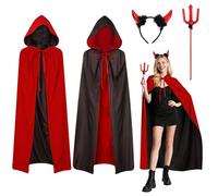 PAPU Costume Diavolo Donna Set di Carnevale,150 cm Mantello Double Face & Corna da Diavolo & Bastone,Mantello Rosso e Nero Costume Diavoletta per Carnevale Costumi Accessori Diavoletta Festa Cosplay