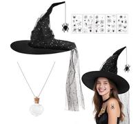 PAPU Set 3 Cappello Strega Halloween,Cappelli Strega Nero con Ciondolo Forma Ragno,Collana con Bottiglia Pozione Adesivi Forma Ragno,Cappello Stregas Donna,Accessori Halloween Donna per Festa Cosplay