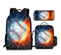 PAQGSREM 3 zaini con stampa baseball per ragazzi ragazze adolescenti, zaino scuola con portapranzo astuccio per studenti elementari, medio-alto, 43 cm, leggero, set 3 in 1 per bambini, Acqua Fuoco