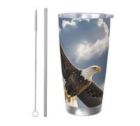 PAQOLSMCKR Bicchiere in acciaio inossidabile con coperchio, 590 ml, bicchiere isolato, aquila, mosche nel cielo, tazza da caffè per viaggi, riutilizzabile, tazza per auto a doppia parete isolata per