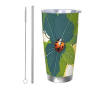 PAQOLSMCKR Bicchiere in acciaio inossidabile con coperchio, 590 ml, bicchiere isolato con foglie e coccinelle, tazza da caffè riutilizzabile per auto a doppia parete per caffè