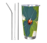 PAQOLSMCKR Bicchiere in acciaio inossidabile con coperchio, 590 ml, bicchiere isolato con foglie e coccinelle, tazza da caffè riutilizzabile per auto a doppia parete per caffè