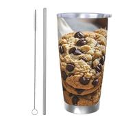 PAQOLSMCKR Bicchiere in acciaio inossidabile con coperchio, 590 ml, bicchiere isolato con gocce di cioccolato, biscotti, tazza da caffè per viaggi, riutilizzabile, tazza per auto a doppia parete