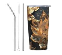 PAQOLSMCKR Bicchiere in acciaio inossidabile con coperchio, 590 ml, isolamento sottovuoto, stile bohémien, con fiori di loto dorato, tazza da caffè per viaggi, riutilizzabile, tazza per auto a doppia