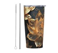 PAQOLSMCKR Bicchiere in acciaio inossidabile con coperchio, 590 ml, isolamento sottovuoto, stile bohémien, con fiori di loto dorato, tazza da caffè per viaggi, riutilizzabile, tazza per auto a doppia