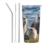 PAQOLSMCKR Bicchiere in acciaio inossidabile con coperchio, 590 ml, isolato, con lontre marine, tazza da caffè per viaggi, riutilizzabile, tazza per auto a doppia parete isolata per caffè