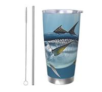 PAQOLSMCKR Bicchiere in acciaio inossidabile con coperchio, 590 ml, tazza isolata per tonno rosso tonno thunnus tazza da caffè per viaggio riutilizzabile tazza per auto doppia parete isolata tazza per