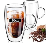 PARACITY Set di 2 tazze da caffè in vetro borosilicato trasparente, a doppia parete, con manico, perfette per cappuccino, latte, espresso, bevande calde e tè