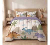 Paradiso Degli Animali Trapunta Invernale Imbottita in Morbida Microfibra,Dinosauri Montagne Palme Dei Cartoni Animati Piumone Letto Autunno Inverno Anallergico Beige Chiaro , Piazza E Mezza 200x200cm