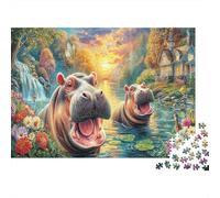 Paradiso degli Ippopotami Puzzle 1000 Pezzi Ippopotami nel paradiso del fiume colorato, idea regalo, gioco stimolante, divertente per famiglie, decorazione casa, 70x50 cm