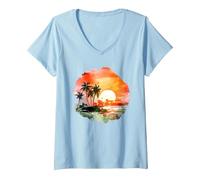 Paradiso Tropicale del Tramonto: Palm Beach Vibes Maglietta con Collo a V, Donna, Celeste, M