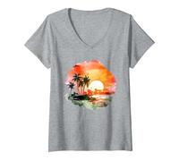 Paradiso Tropicale del Tramonto: Palm Beach Vibes Maglietta con Collo a V, Donna, Grigio Melange, L
