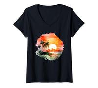Paradiso Tropicale del Tramonto: Palm Beach Vibes Maglietta con Collo a V, Donna, Nero, S