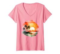 Paradiso Tropicale del Tramonto: Palm Beach Vibes Maglietta con Collo a V, Donna, Rosa, XXL