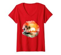 Paradiso Tropicale del Tramonto: Palm Beach Vibes Maglietta con Collo a V, Donna, Rosso, S