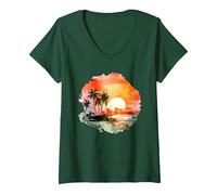 Paradiso Tropicale del Tramonto: Palm Beach Vibes Maglietta con Collo a V, Donna, Verde Foresta, M