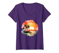 Paradiso Tropicale del Tramonto: Palm Beach Vibes Maglietta con Collo a V, Donna, Viola, M