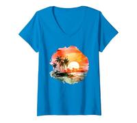 Paradiso Tropicale del Tramonto: Palm Beach Vibes Maglietta con Collo a V, Donna, Zaffiro, XL
