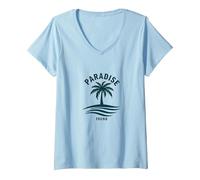 Paradiso Trovato Tropical Palm Beach Vacanza Maglietta con Collo a V, Donna, Celeste, XXL