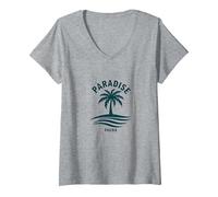 Paradiso Trovato Tropical Palm Beach Vacanza Maglietta con Collo a V, Donna, Grigio Melange, XXL