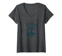 Paradiso Trovato Tropical Palm Beach Vacanza Maglietta con Collo a V, Donna, Grigio Scuro, L