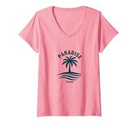 Paradiso Trovato Tropical Palm Beach Vacanza Maglietta con Collo a V, Donna, Rosa, S
