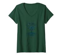 Paradiso Trovato Tropical Palm Beach Vacanza Maglietta con Collo a V, Donna, Verde Foresta, XL