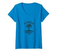 Paradiso Trovato Tropical Palm Beach Vacanza Maglietta con Collo a V, Donna, Zaffiro, S