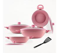 PARAMAISON Set Padelle Antiaderenti Set da 9 Pezzi con Coperchi in Vetro Temperato, Manico Removibile, Senza Pfoa | Rosa