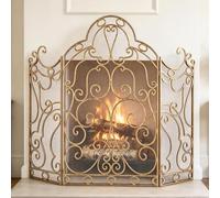 Parascintille ad arco, protezione per il fuoco in ferro a 3 pannelli | Parascintille decorativo pieghevole con struttura in metallo curvato per camino da interno soggiorno(Gold)