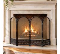 Parascintille in ferro battuto a 4 pannelli, pieghevole | Parascintille decorativo in metallo con maglia fine e motivo floreale per il camino del soggiorno(BLACK,H90cm/35.4in)