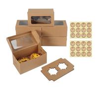 Parastar 16 Pezzi Scatole per Cupcake 2 Fori, Scatole per Dolci con Finestra e Inserto, Scatola Cupcake in Carta Kraft Marrone con 24 Adesivi, Scatole per Torte per Muffin, Pasticcini e Macaron