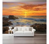 Parati 200 x 140 cm Murales Dipinto ad olio tramonto sull'oceano Tessuto Non Tessuto Fotomurale, Per Soggiorno Camera Da Muro Carte da Parati Moderne Da Dei Murale Gigante il fondo Giallo