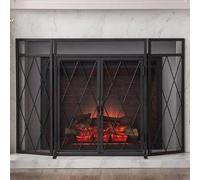 Paravento per camino a legna - 3 pannelli in ferro battuto realizzato a mano decorativo rete geometrica parascintille per soggiorno e camera da letto, schermi per caminetto