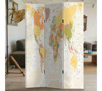 Bakaji Paravento Separè Struttura in Legno Rivestimento in Tela Con Stampa Fronte Retro Mappamondo Divisorio Richiudibile Pieghevole (180 x 120 cm 3 Pannelli)
