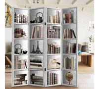 Bakaji Paravento Separè 4 Pannelli Struttura in Legno Rivestimento in Tela Con Stampa Fronte Retro Libreria Divisorio Richiudibile Pieghevole (180 x 160 cm)