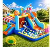 Parco acquatico all'aperto con doppio scivolo e trampolino, castello gonfiabile con ventilatore per bambini 3-8 anni, lucchetto con fontana, pistole ad acqua, tenda da sole, Bouncy Castle PVC Oxford