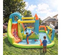Parco acquatico gonfiabile XXL: castello gonfiabile con acquascivolo e trampolino, piscina per bambini, canestro da basket, porta da calcio, 360 x 320 cm, ventilatore da 450 W, giardino/terrazza, dai