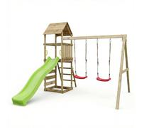 Parco Giochi in Legno Maxplay 2.2 con Scivolo 2,2 m Verde, Doppia Altalena, Torre con Tetto e Parete Arrampicata - Area Gioco da Giardino per Bambini 3-10 Anni, Legno Impregnato Autoclave, 356x293x262