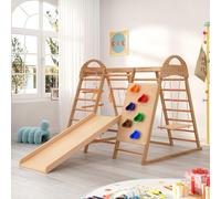 Parco giochi per bambini - Parco giochi al coperto con altalena, scala di arrampicata, scivolo, rete di arrampicata, pietre e anelli di plastica per arrampicata - Naturale