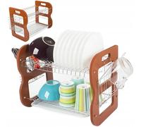 PARENCE.- Scolapiatti in legno marrone a 2 livelli con vaschetta raccogligocce - Ampio tubo di scarico per piatti, ciotole, bicchieri e posate - Asciugatura efficiente - 42x26x33 cm