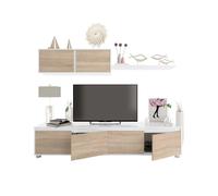 Parete Attrezzata Da Soggiorno Mobile TV 4 ante Pensile Con Pistoni A Gas E Mensola Sospesa Design Moderno Salvaspazio Salotto Odessa 200 x 43 x 41 Cm Bianco Lucido E Rovere